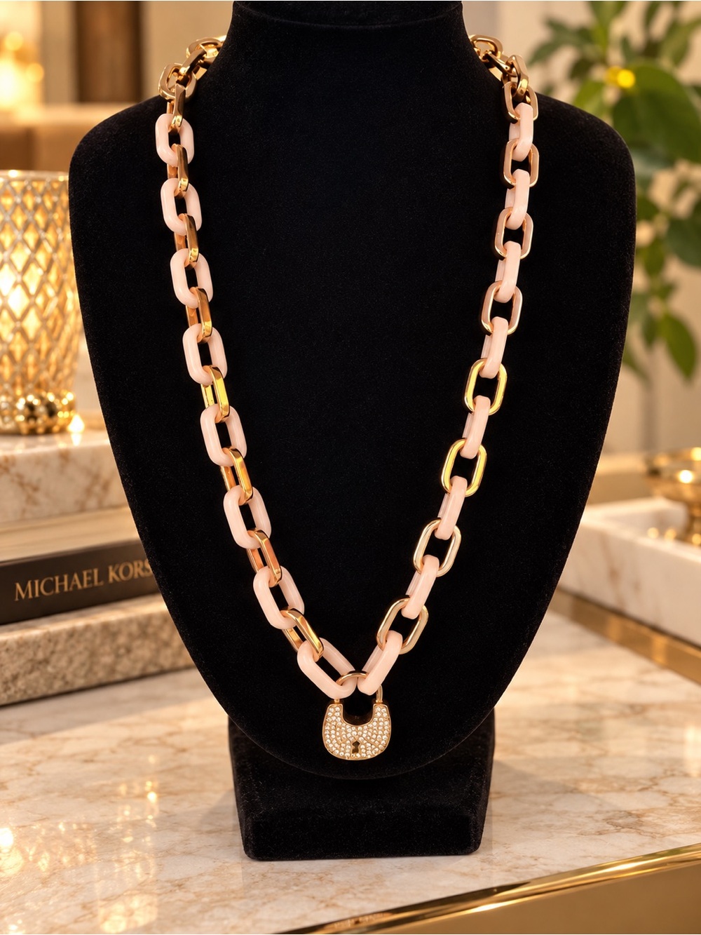 Michael Kors Crystal Padlock Rose Gold-Tone Necklace